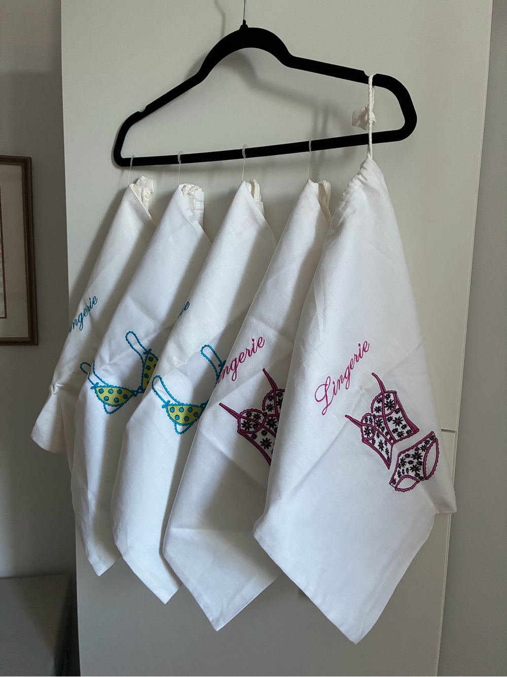 NWT Embroidered Cotton Draw-String Lingerie Travel Bags - Set of 5